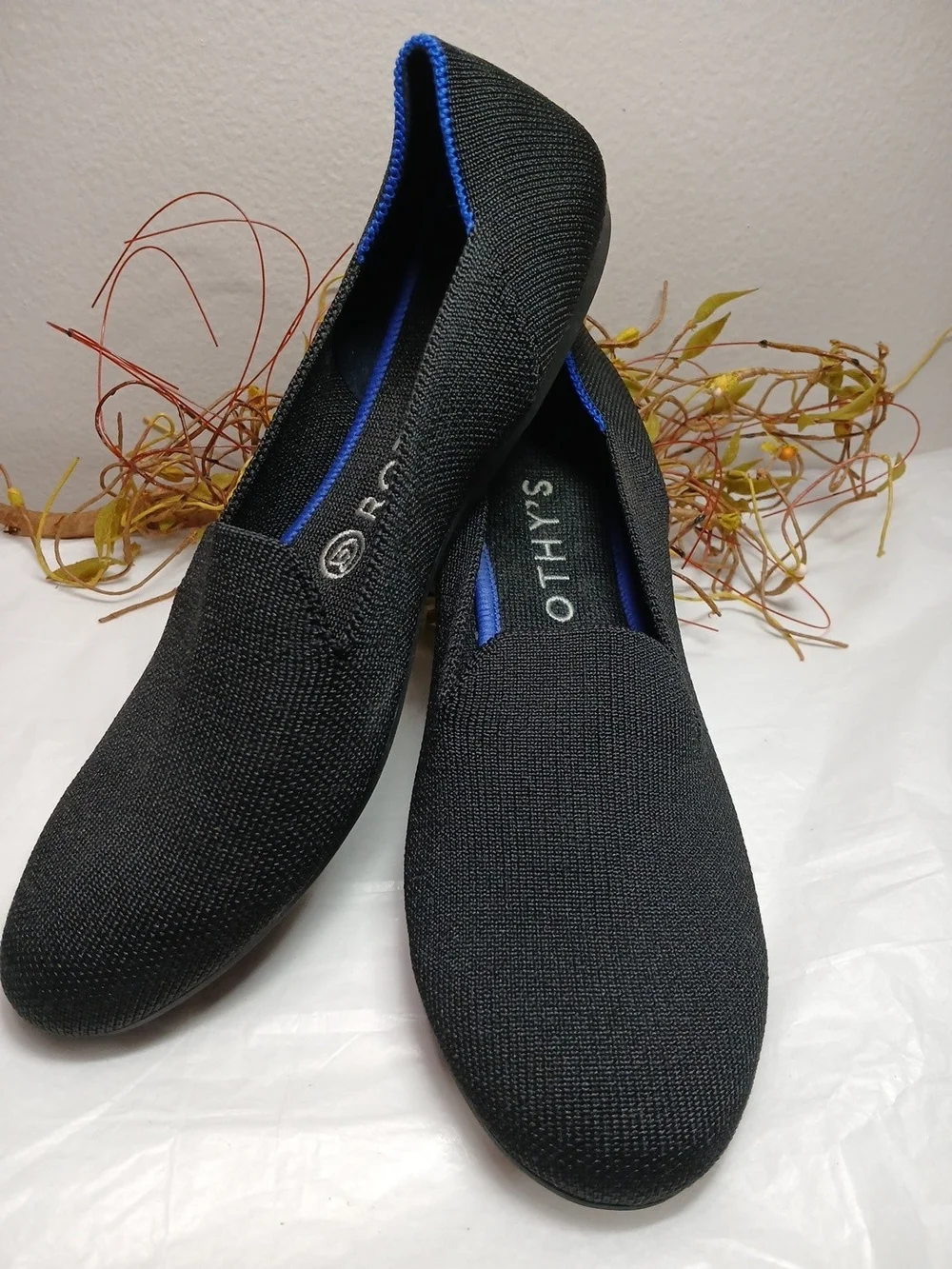 Rothy's Black Knit Slip-On Loafers with Blue Trim